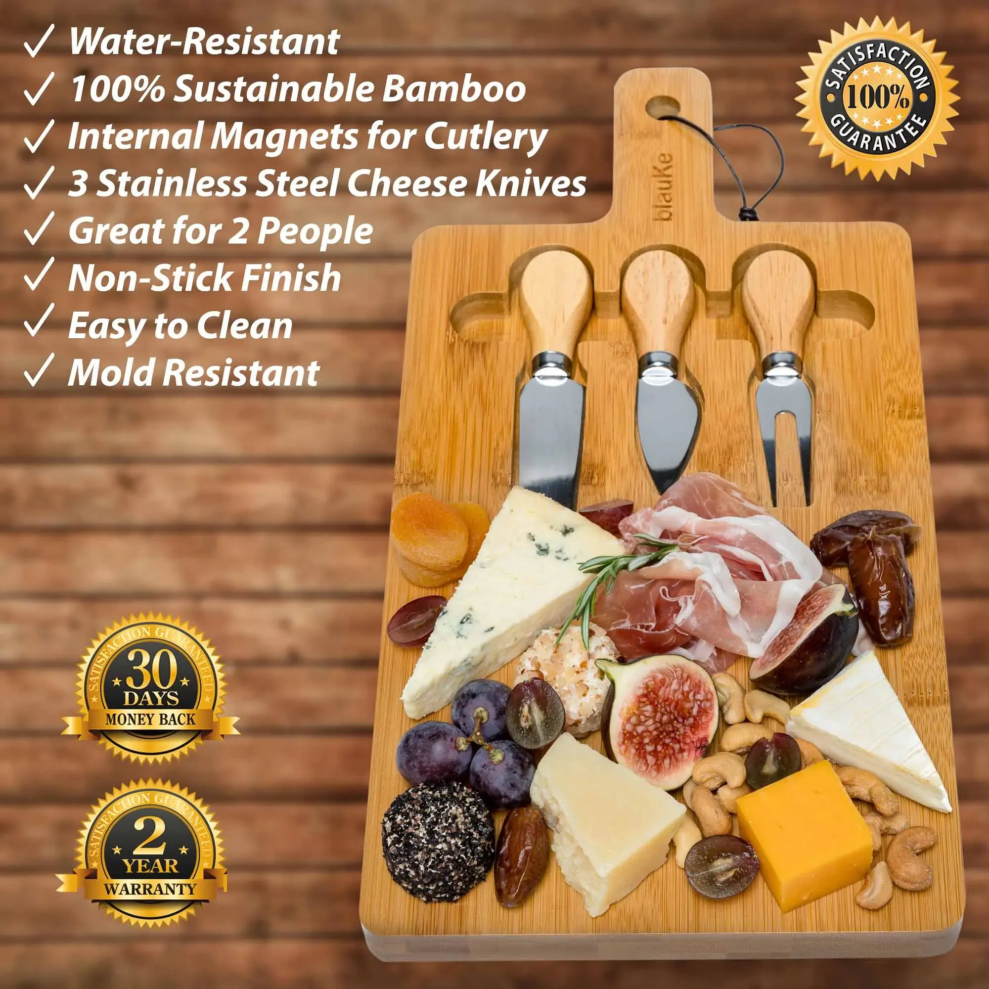 12x8 inch Bamboo Charcuterie Board with Magnetic Cutlery Storage and Handle