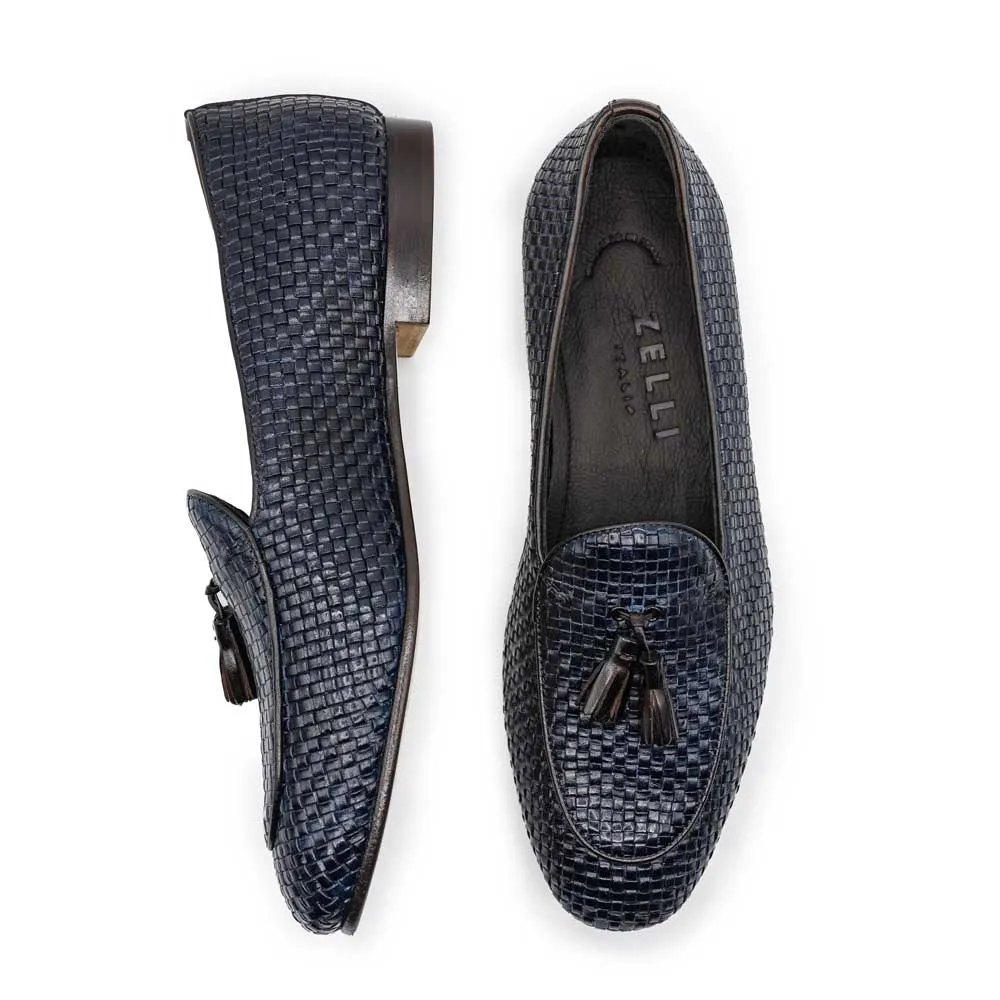 15-216-NVY TINO Calfskin Woven Tassel Loafer, Navy