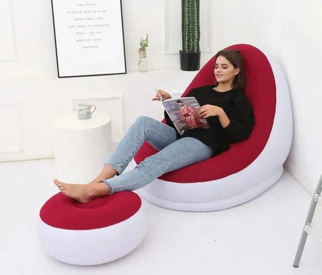 2-IN-1 Inflatable Lounge Sofa Bed Set, Portable Lazy Flocking with Footstool