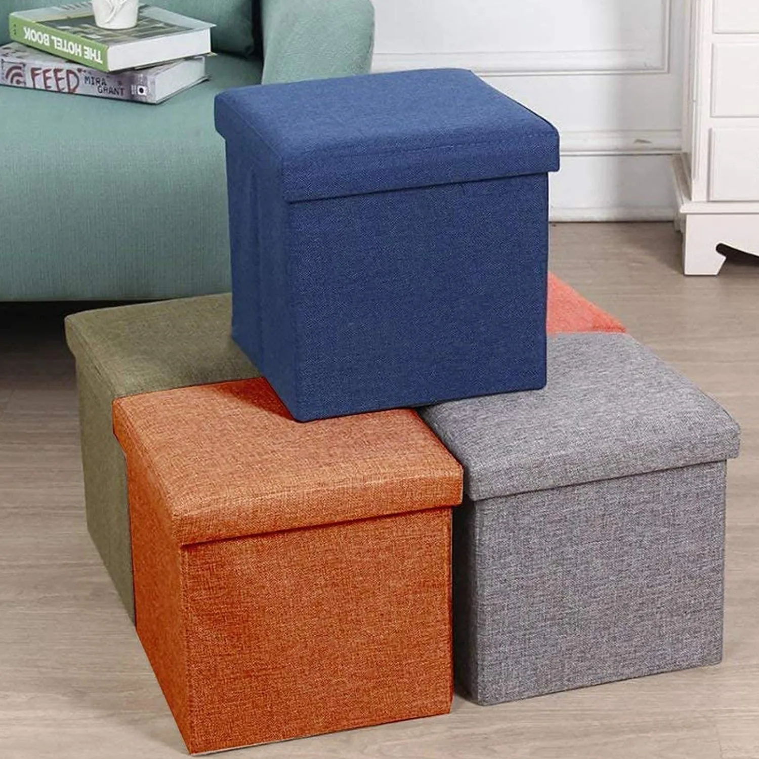 4986 Living Room Cube Shape Sitting Stool with Storage Box. Foldable Storage Bins Multipurpose Clothes, Books, and Toys Organizer with Cushion Seat. (Mix Color)