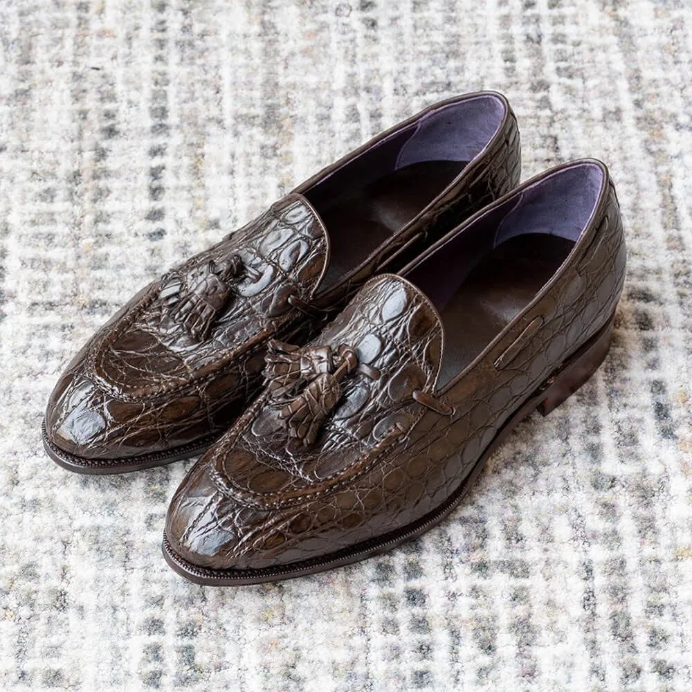 6 CM/2.36 Inches CMR CHAMARIPA Men's Handcrafted Brown Crocodile Leather Tassel Loafers