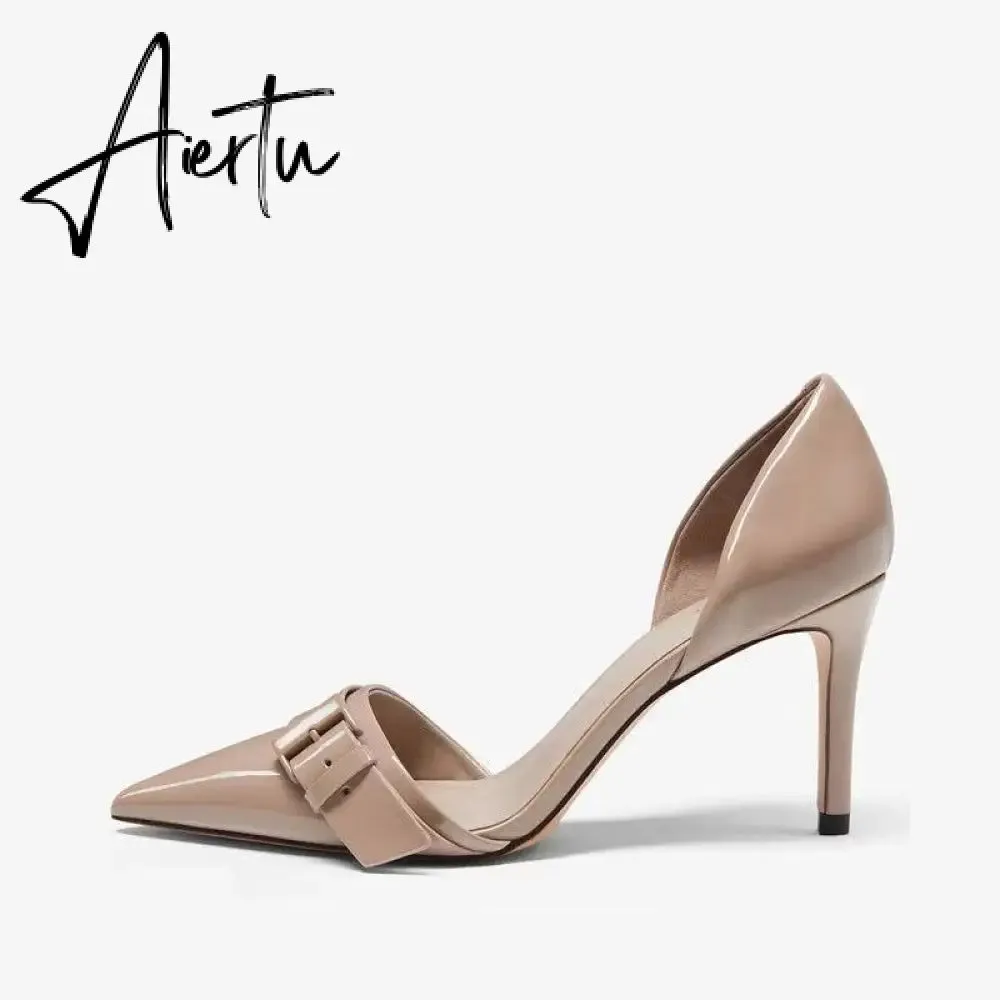 Aiertu  New Spring Autumn Shoes Glossy Leather Temperament Point Toe  Stiletto High Heels Lady Sandals D’Orsay Design Pumps With  S