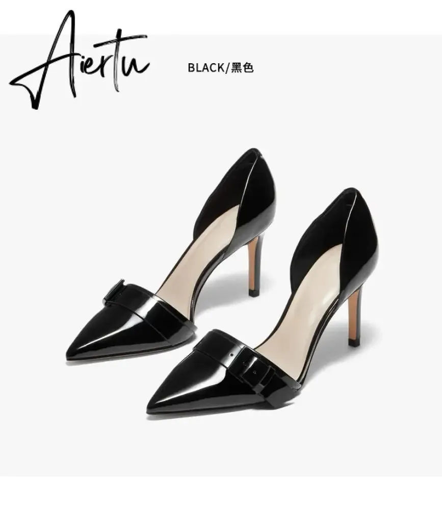 Aiertu  New Spring Autumn Shoes Glossy Leather Temperament Point Toe  Stiletto High Heels Lady Sandals D’Orsay Design Pumps With  S