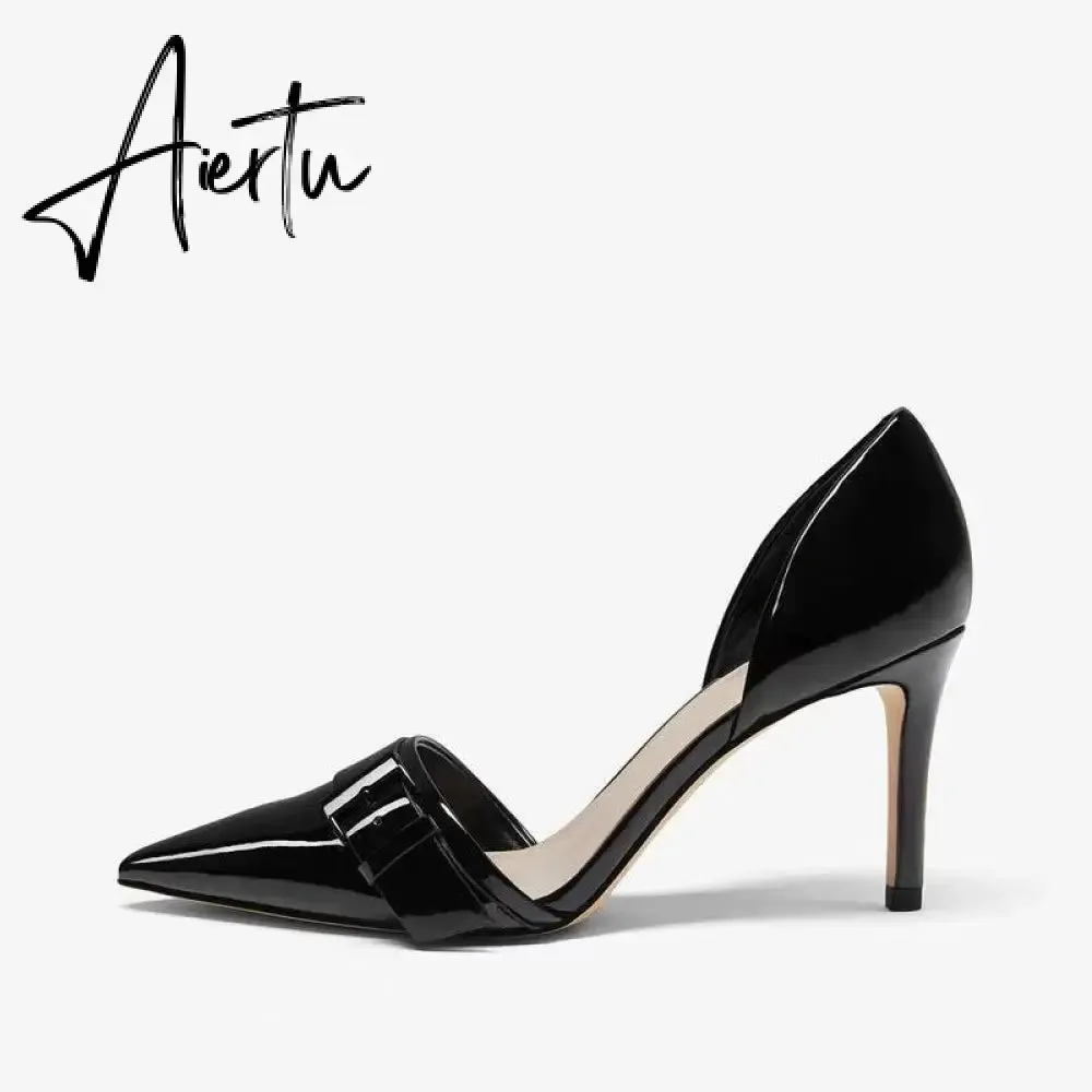 Aiertu  New Spring Autumn Shoes Glossy Leather Temperament Point Toe  Stiletto High Heels Lady Sandals D’Orsay Design Pumps With  S