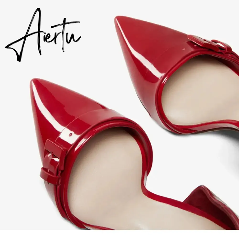 Aiertu  New Spring Autumn Shoes Glossy Leather Temperament Point Toe  Stiletto High Heels Lady Sandals D’Orsay Design Pumps With  S