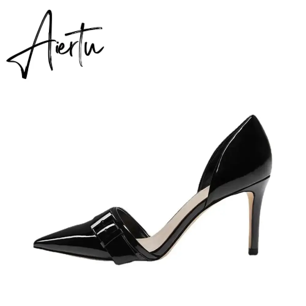 Aiertu  New Spring Autumn Shoes Glossy Leather Temperament Point Toe  Stiletto High Heels Lady Sandals D’Orsay Design Pumps With  S