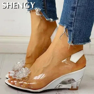 Amozae-Back to College SHENGY Women Sandals Summer Studded Flower Design Transparent Wedge Women Shoes Casual Fashion Slip On Open Toe Ladies Sandals