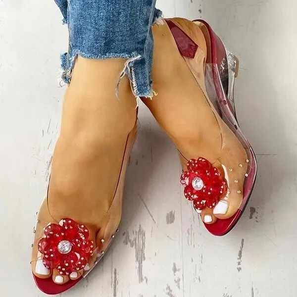 Amozae-Back to College SHENGY Women Sandals Summer Studded Flower Design Transparent Wedge Women Shoes Casual Fashion Slip On Open Toe Ladies Sandals