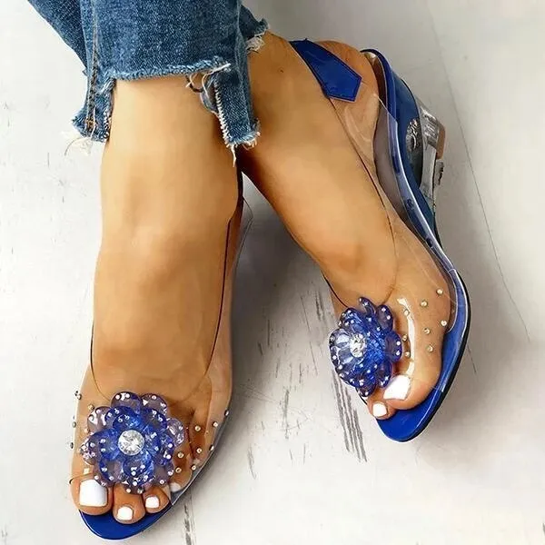 Amozae-Back to College SHENGY Women Sandals Summer Studded Flower Design Transparent Wedge Women Shoes Casual Fashion Slip On Open Toe Ladies Sandals