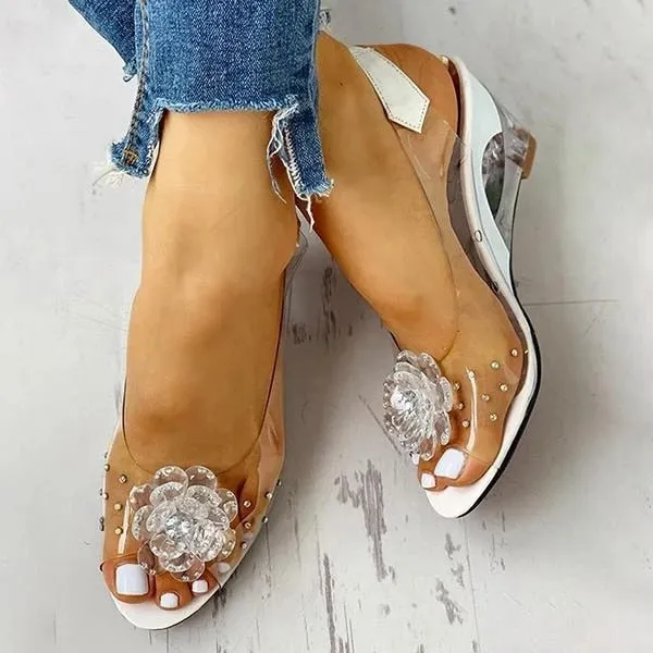 Amozae-Back to College SHENGY Women Sandals Summer Studded Flower Design Transparent Wedge Women Shoes Casual Fashion Slip On Open Toe Ladies Sandals