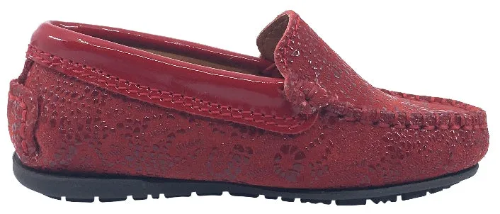 Atlanta Mocassin Girl's & Boy's Red Pebble Printed Leather with Patent Trim Slip On Moccasin Loafer Shoe