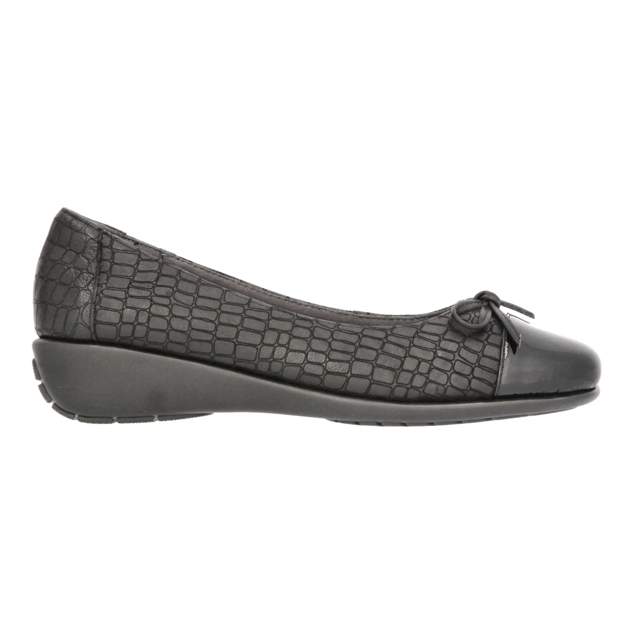 Barani Black Croc Leather Pumps (with Micro Wedge, Fixed Ribbon)