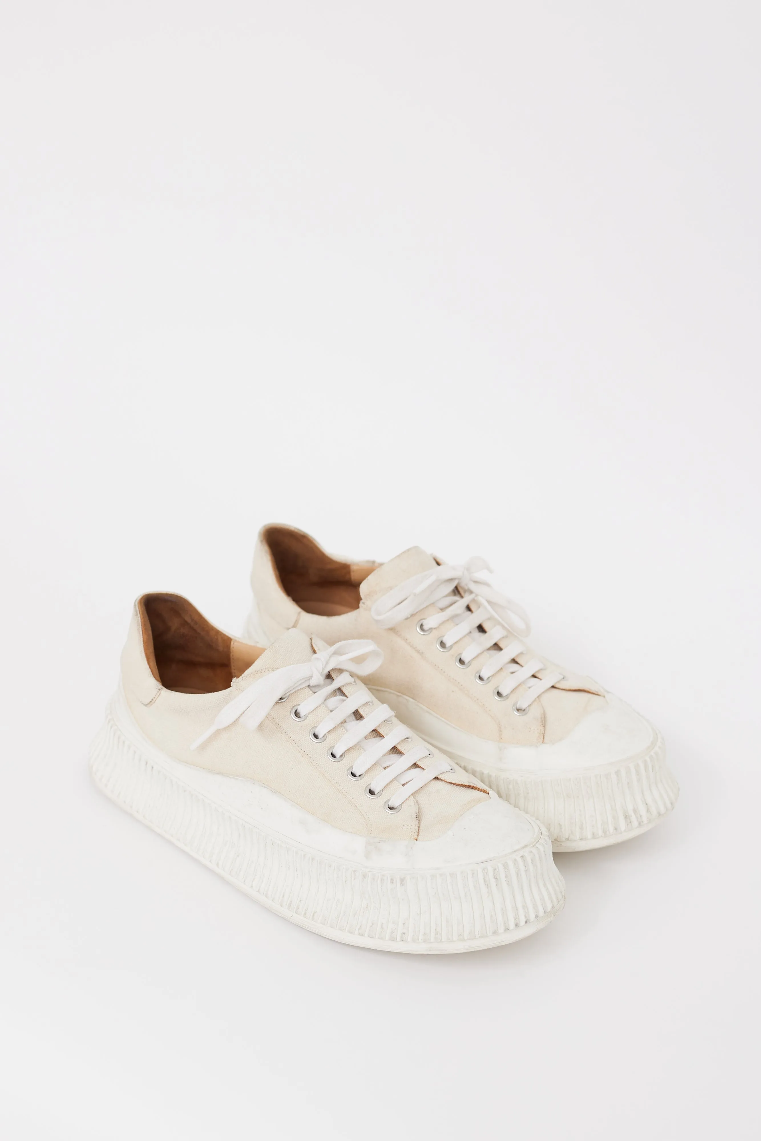 Beige & White Canvas & Rubber Platform Sneaker