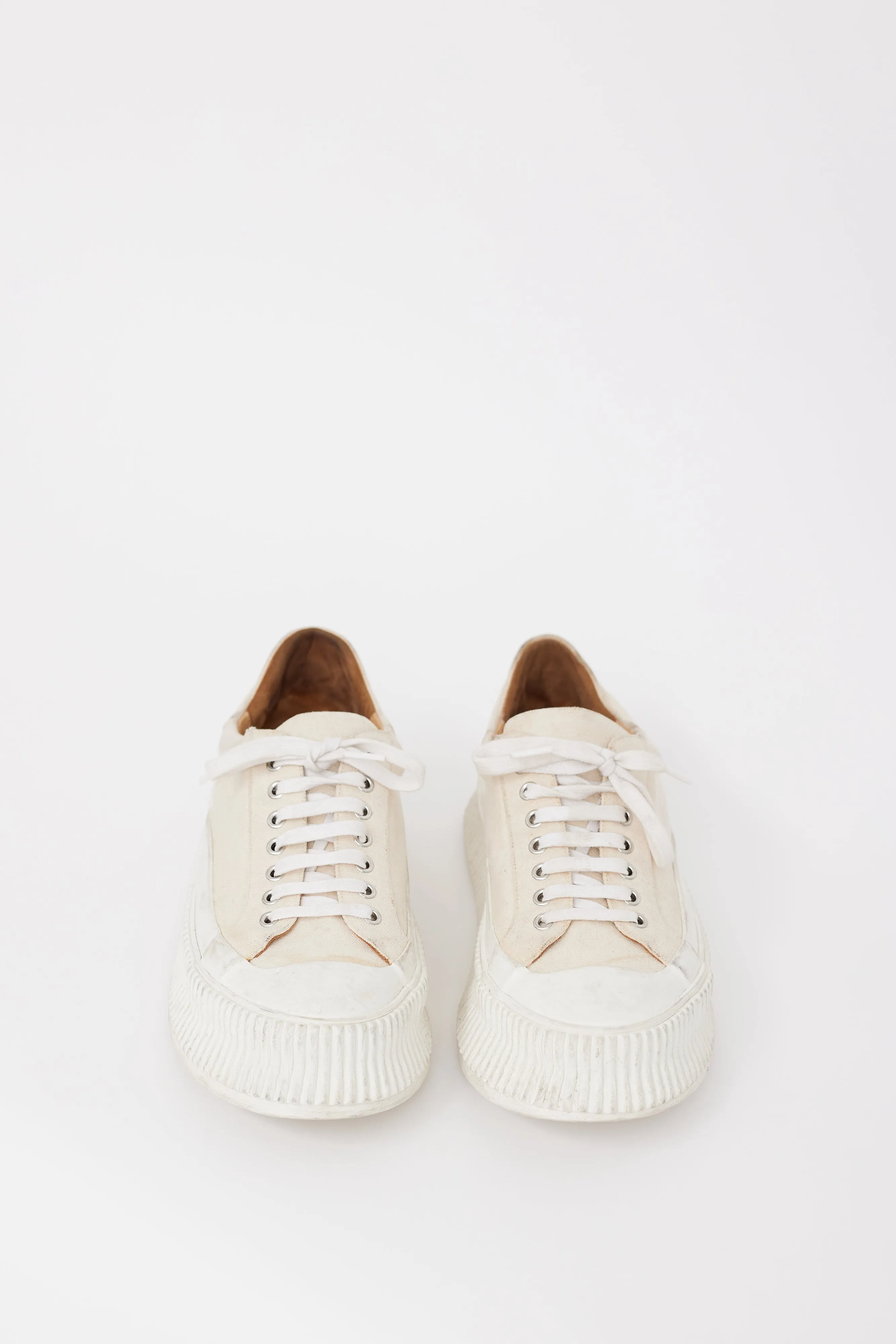 Beige & White Canvas & Rubber Platform Sneaker