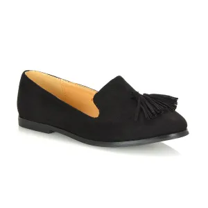 Betsy Slip on Pointed Toe Flat Tassel Detail Loafer Smart Shoes in Black Faux Suede