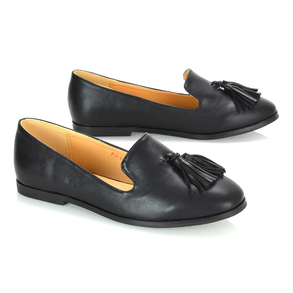 Betsy Slip on Pointed Toe Flat Tassel Detail Loafer Smart Shoes in Black Faux Suede