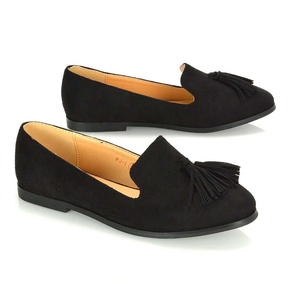 Betsy Slip on Pointed Toe Flat Tassel Detail Loafer Smart Shoes in Black Faux Suede