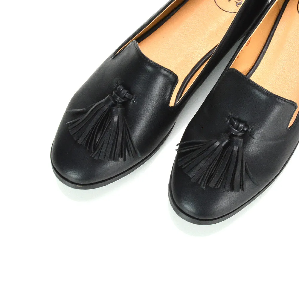 Betsy Slip on Pointed Toe Flat Tassel Detail Loafer Smart Shoes in Black Patent