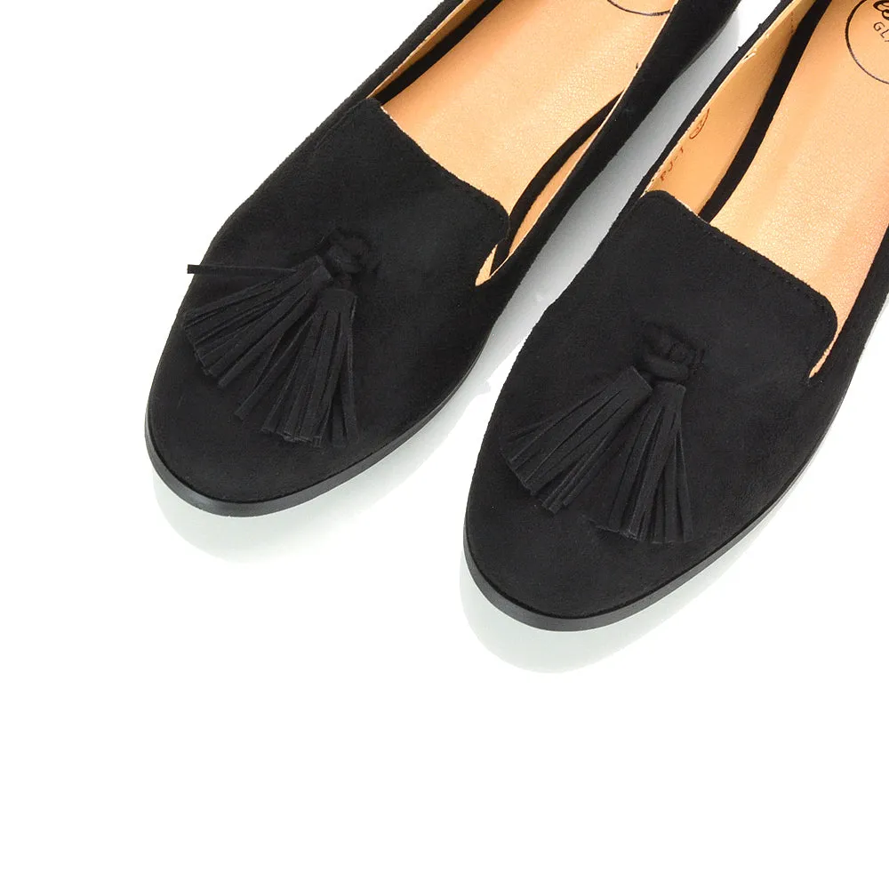 Betsy Slip on Pointed Toe Flat Tassel Detail Loafer Smart Shoes in Black Patent