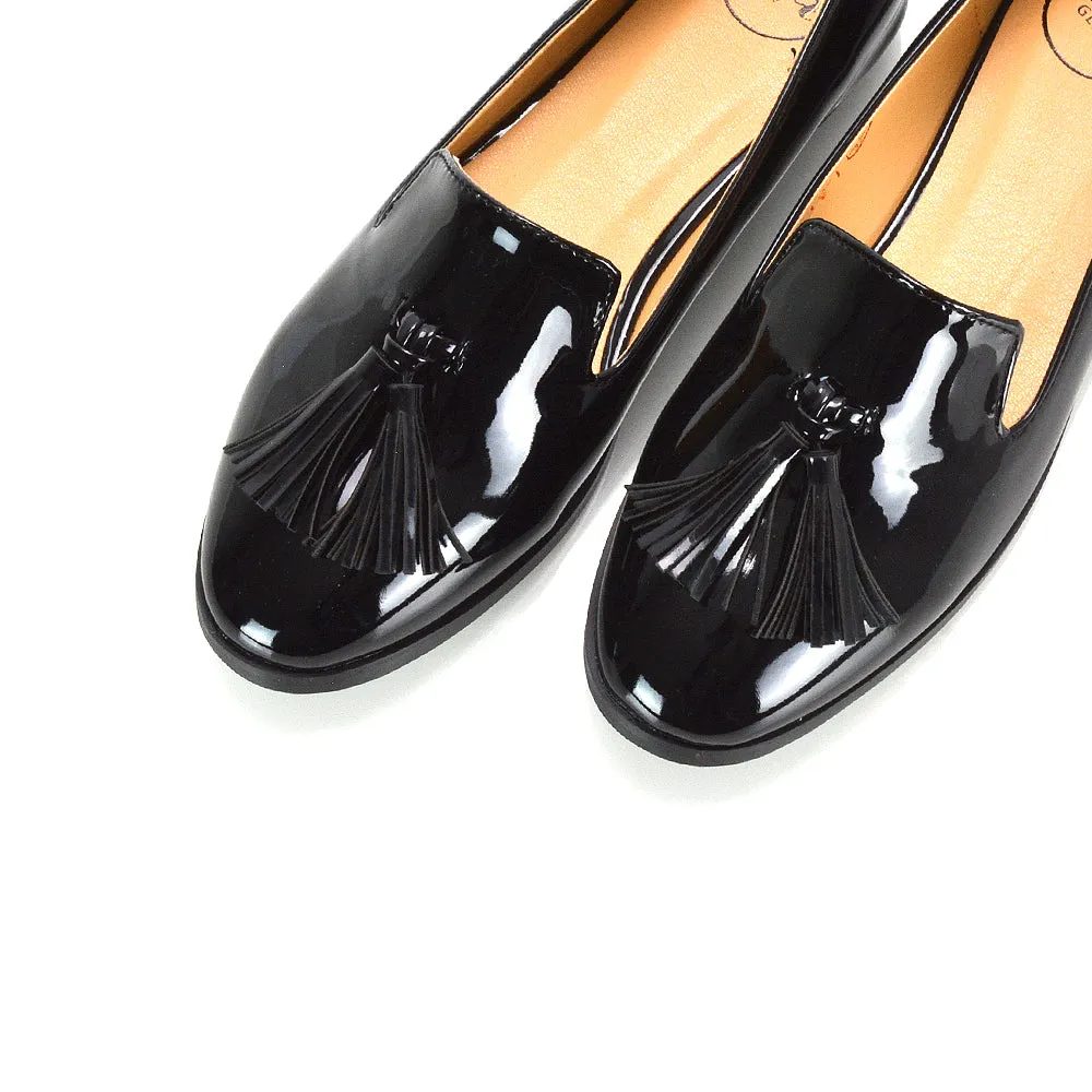 Betsy Slip on Pointed Toe Flat Tassel Detail Loafer Smart Shoes in Black Patent