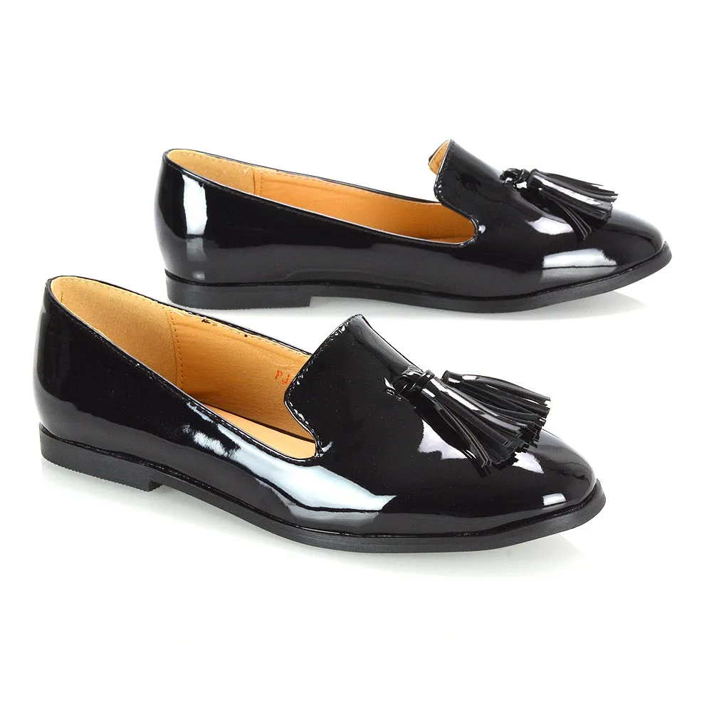 Betsy Slip on Pointed Toe Flat Tassel Detail Loafer Smart Shoes in Black Patent