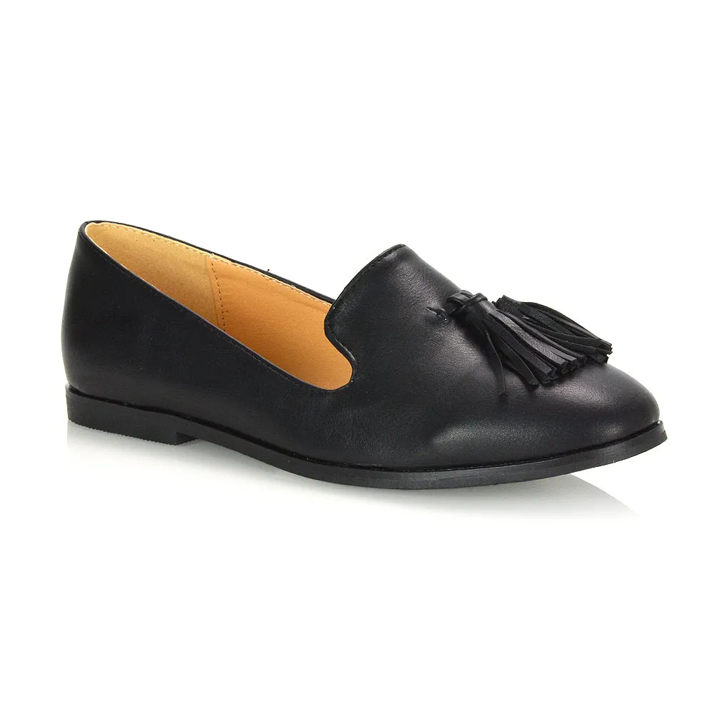 Betsy Slip on Pointed Toe Flat Tassel Detail Loafer Smart Shoes in Black Patent