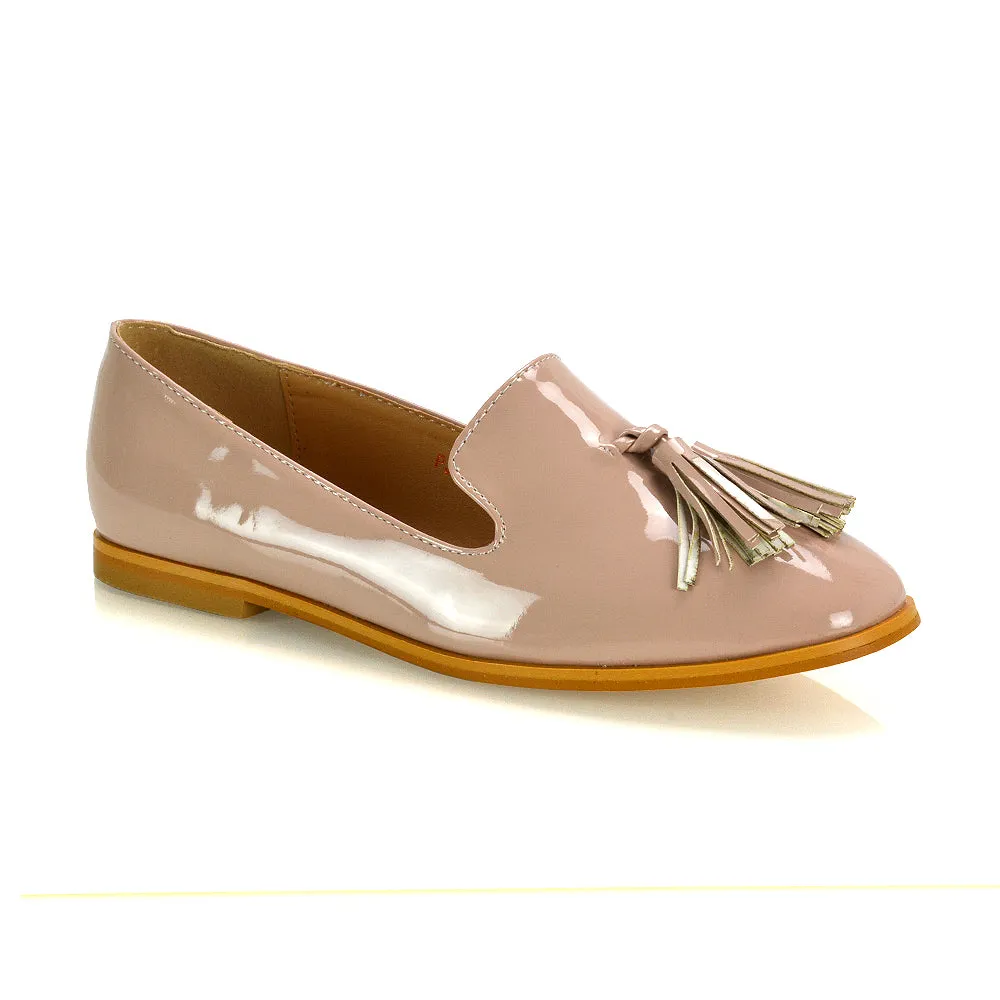 Betsy Slip on Pointed Toe Flat Tassel Detail Loafer Smart Shoes in Nude Patent