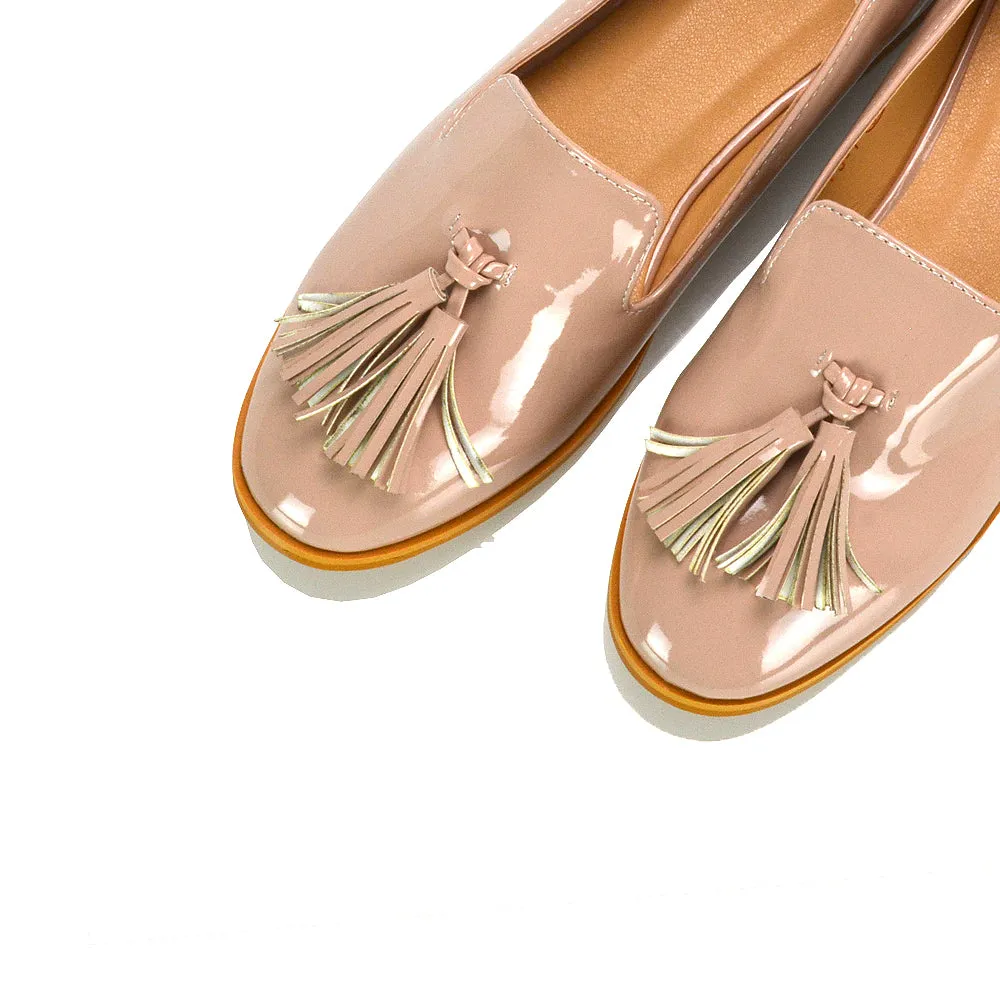 Betsy Slip on Pointed Toe Flat Tassel Detail Loafer Smart Shoes in Nude Patent