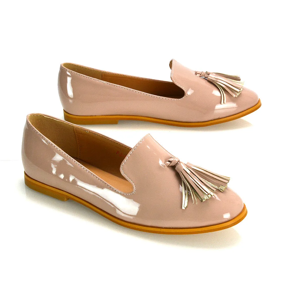 Betsy Slip on Pointed Toe Flat Tassel Detail Loafer Smart Shoes in Nude Patent