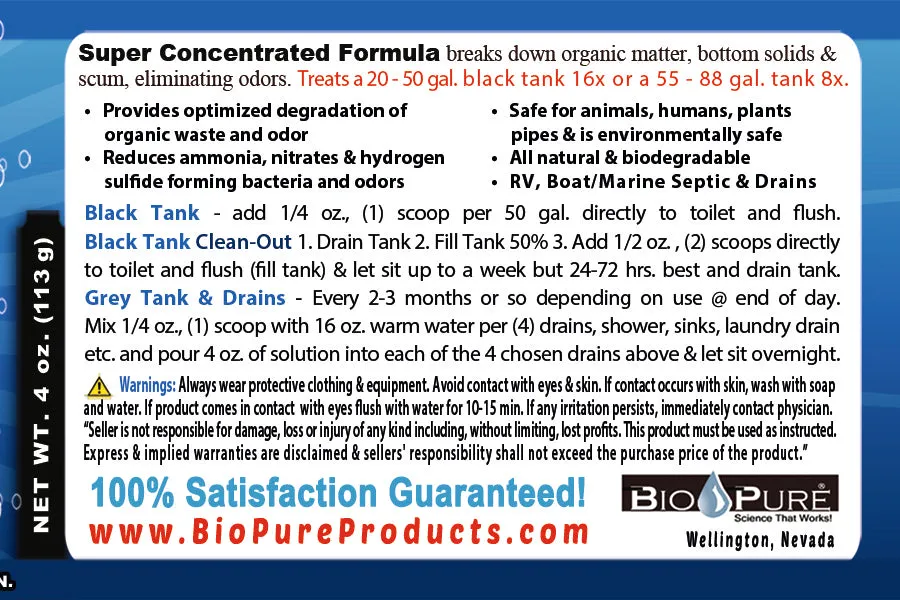 Bio-Pure RV Black Tank/Septic, Restore CONCENTRATE 4 Oz. - 16 Treatments