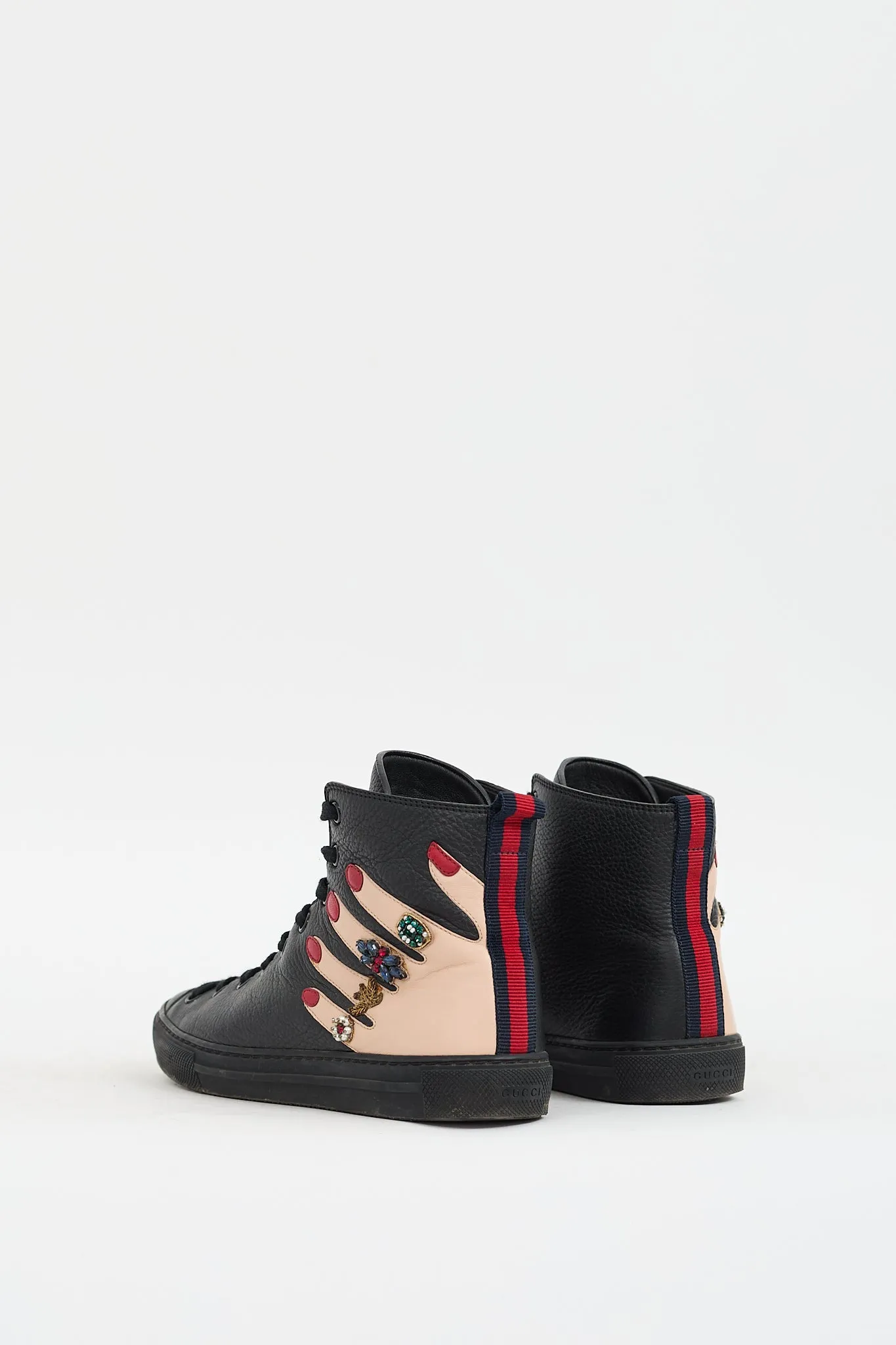 Black & Multicolour Leather Embellished High Top Sneaker