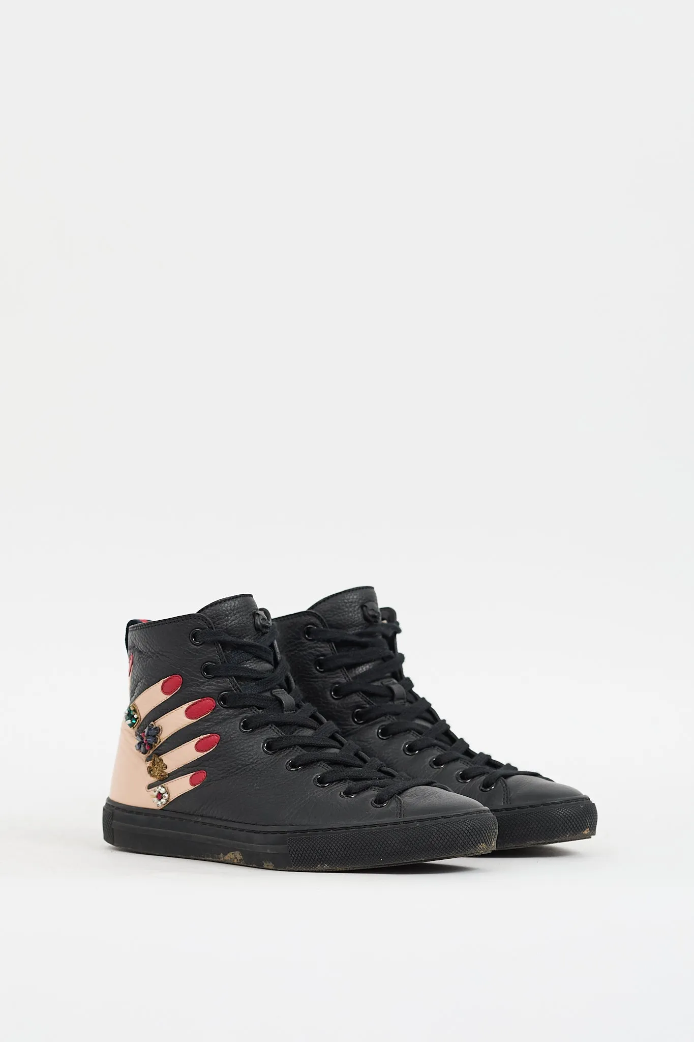 Black & Multicolour Leather Embellished High Top Sneaker