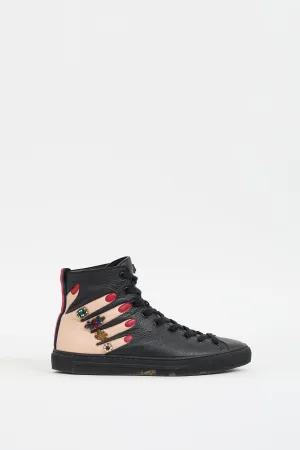 Black & Multicolour Leather Embellished High Top Sneaker