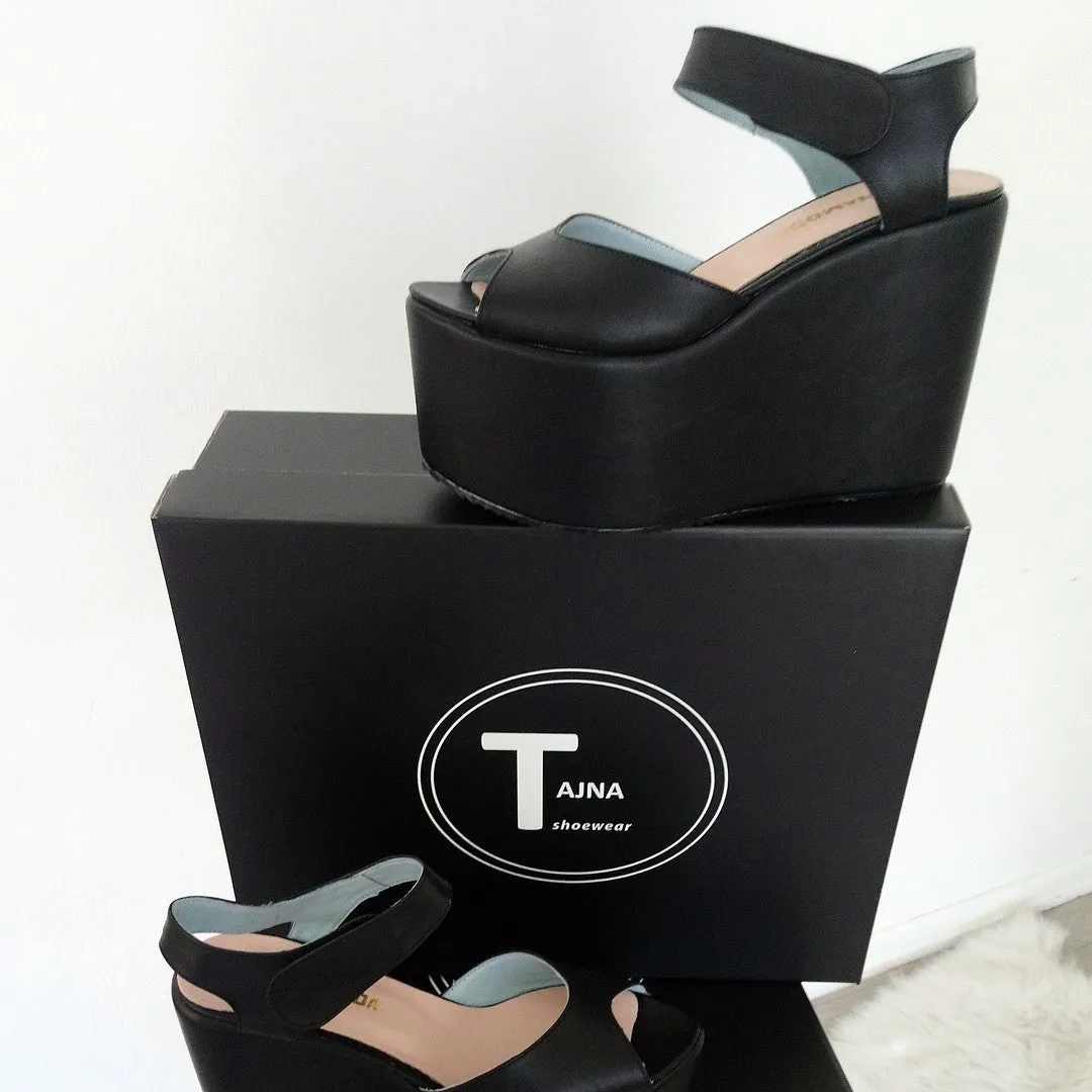 Black Ankle Strap Peep Toe Wedge Platform Sandals