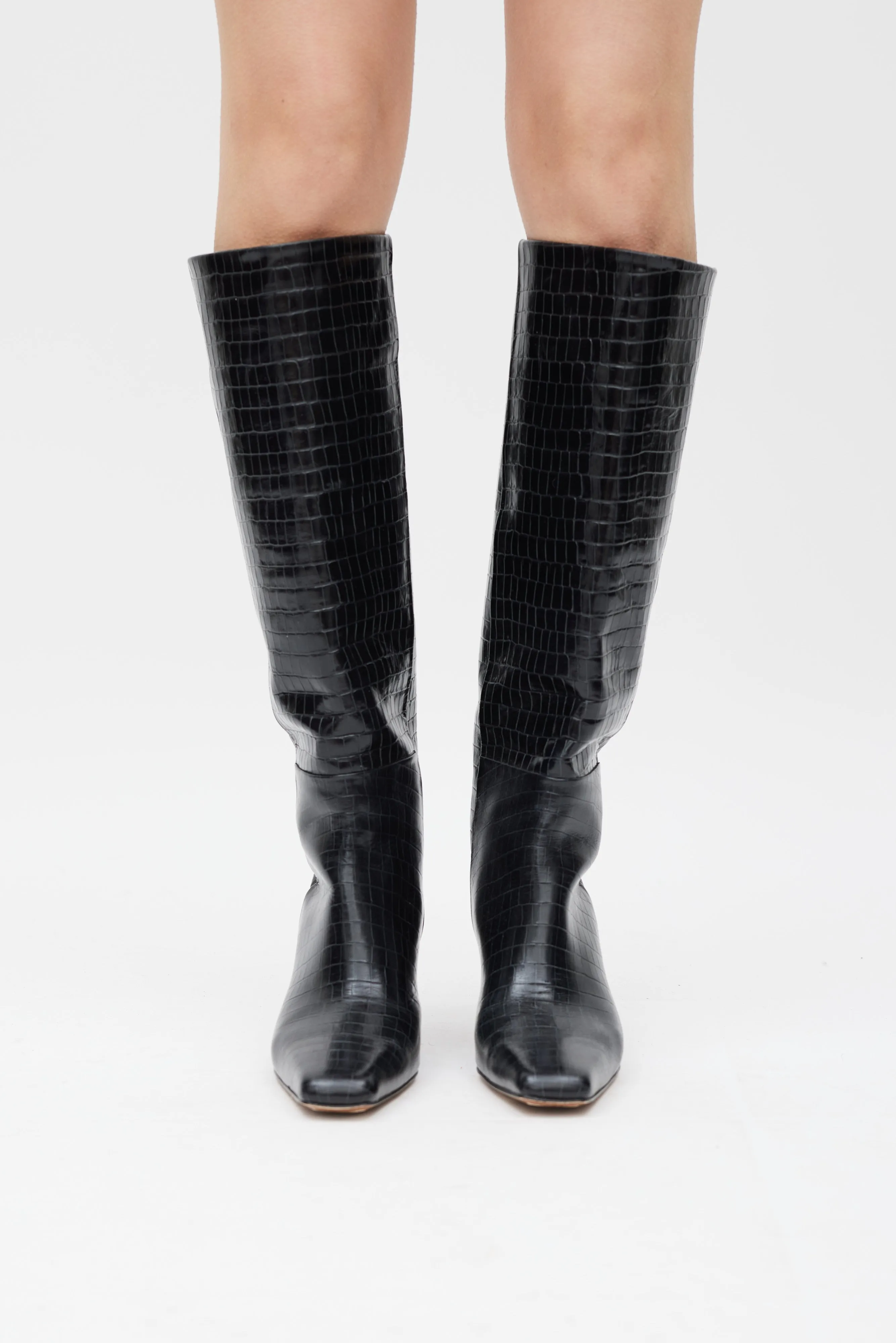 Black Embossed Leather Knee High Boot