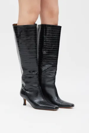 Black Embossed Leather Knee High Boot