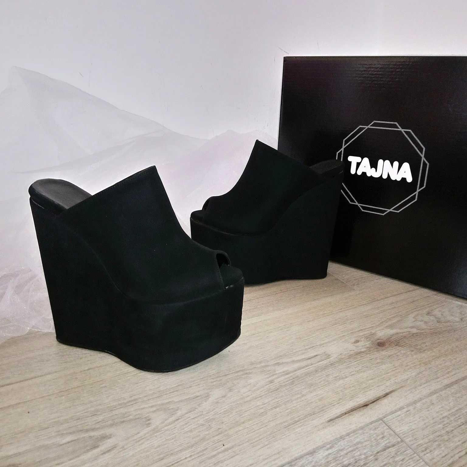 Black Faux Suede Peep Toe High Heel Wedge Mules