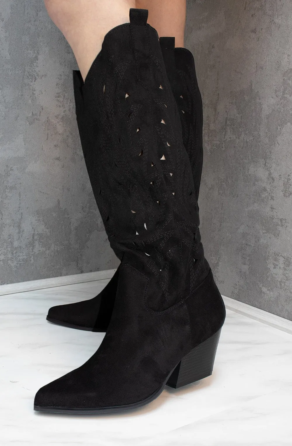 Black Faux Suede Western Style Knee High Cut Out Cowboy Boot