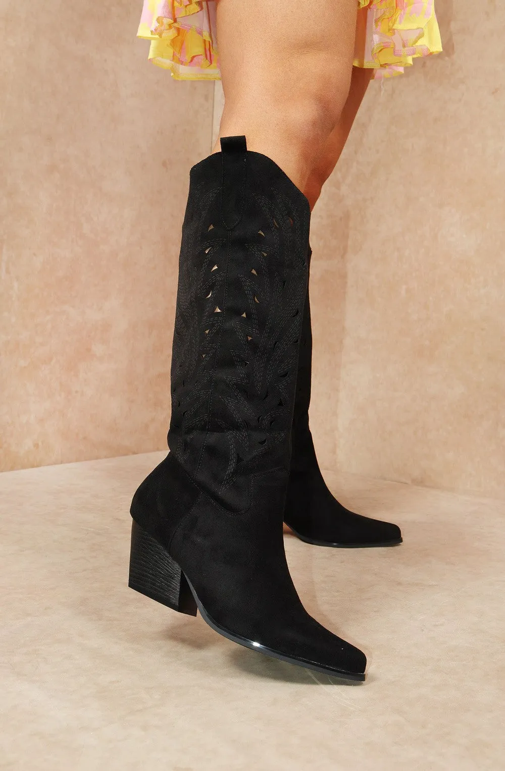 Black Faux Suede Western Style Knee High Cut Out Cowboy Boot