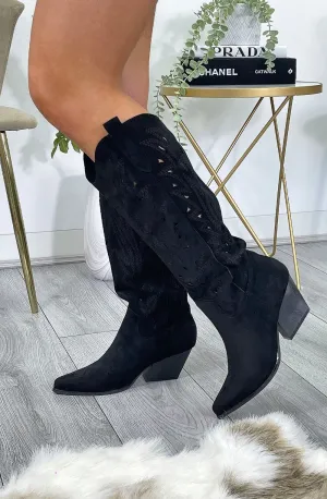 Black Faux Suede Western Style Knee High Cut Out Cowboy Boot