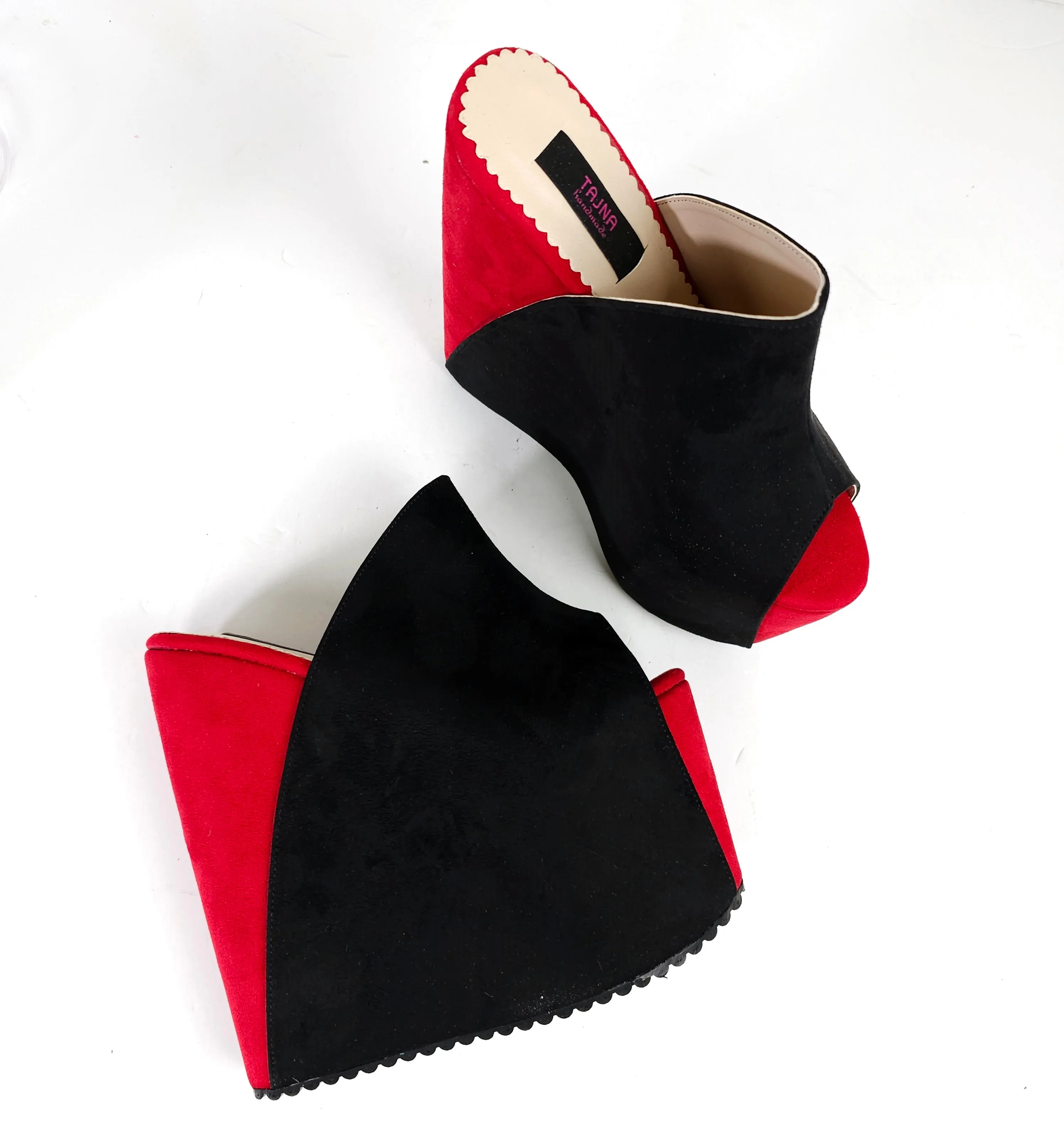 Black Red Suede High Heel Wedge Platform Slide Sandals