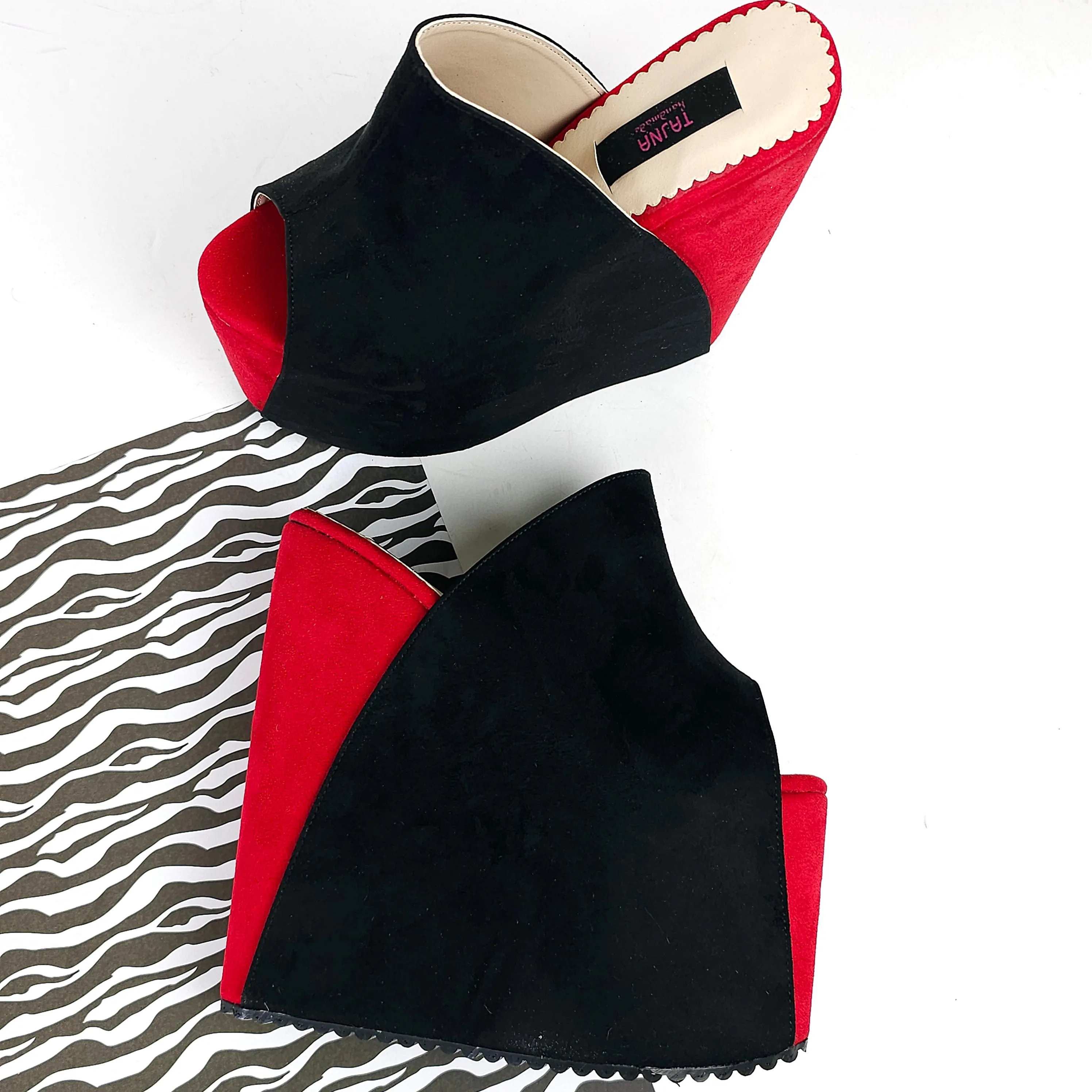 Black Red Suede High Heel Wedge Platform Slide Sandals