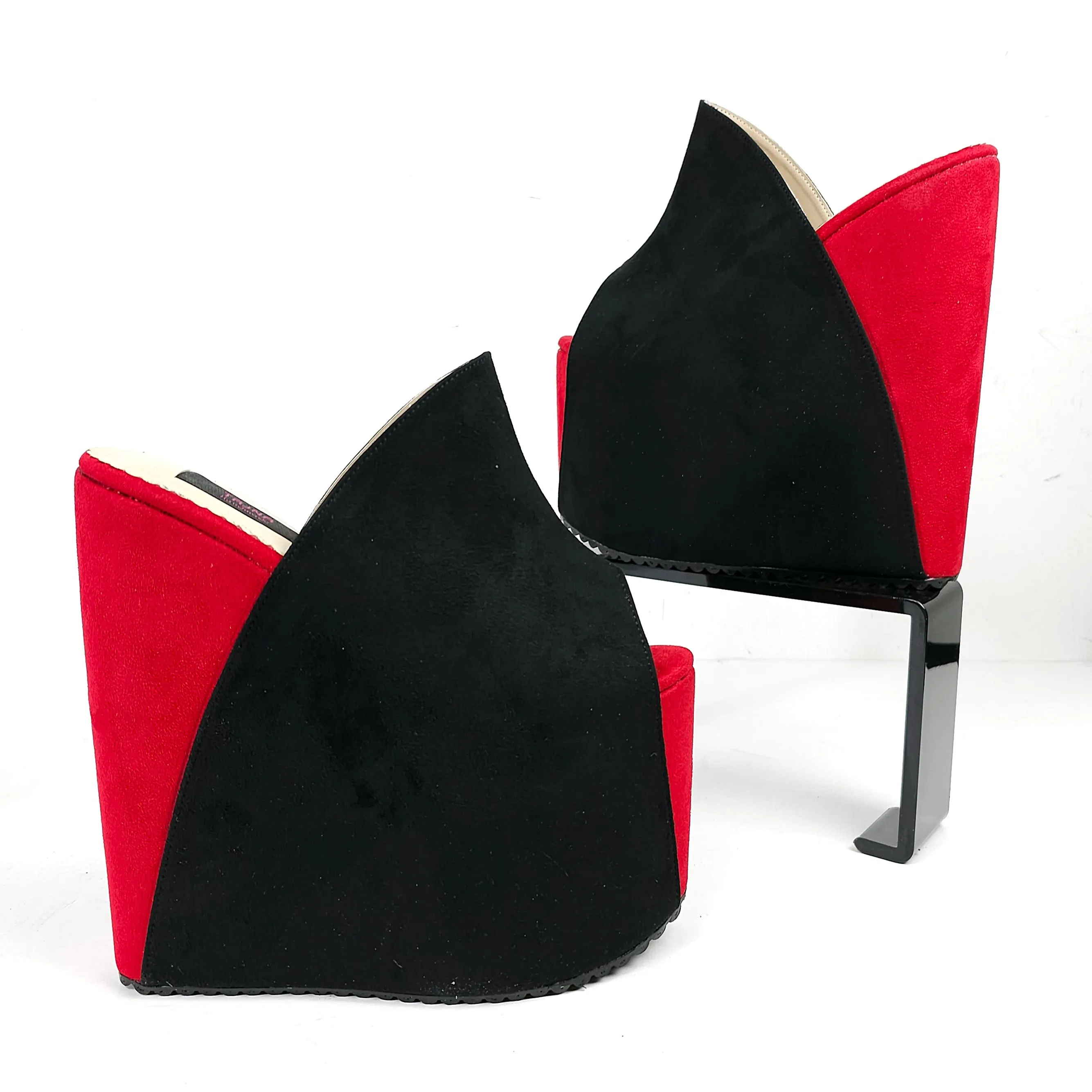 Black Red Suede High Heel Wedge Platform Slide Sandals