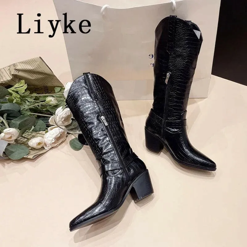 Black Snake Print Cowboy Knee High Riding Boots for Western Style