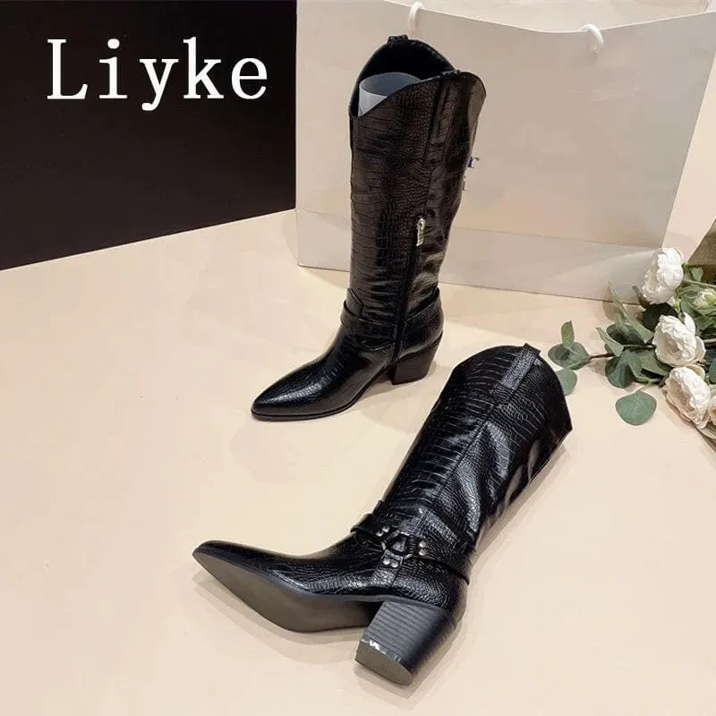 Black Snake Print Cowboy Knee High Riding Boots for Western Style