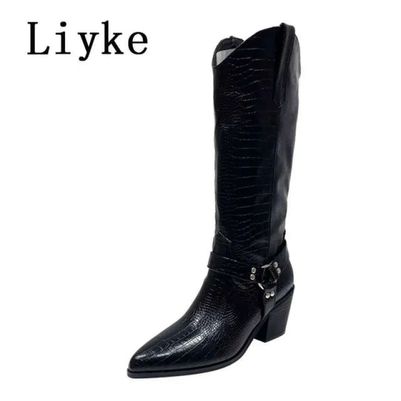 Black Snake Print Cowboy Knee High Riding Boots for Western Style