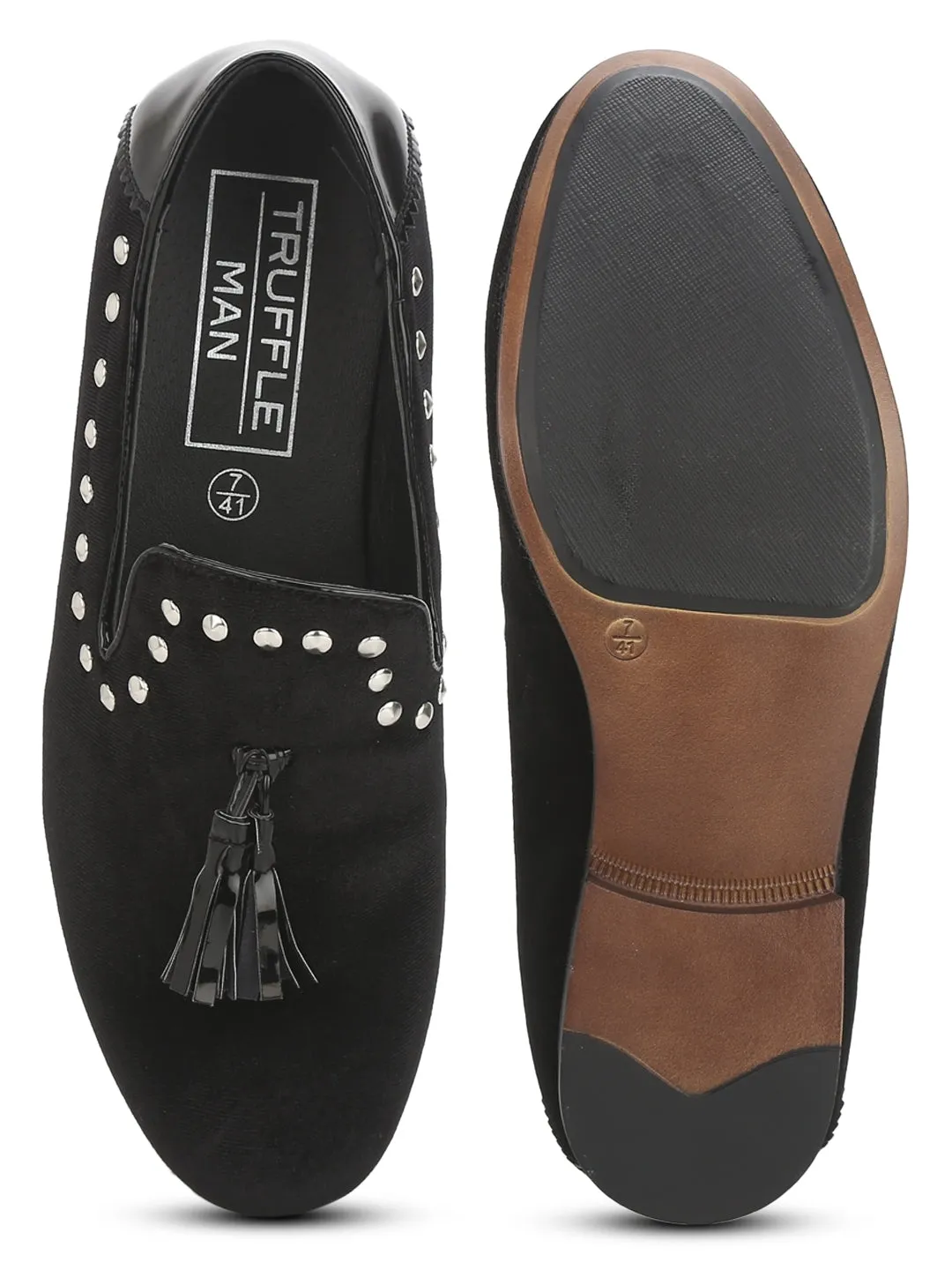 Black Velvet Studded Tassel Men Loafers