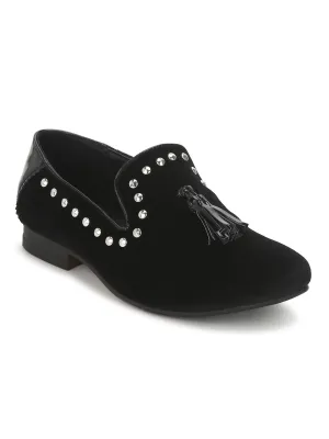 Black Velvet Studded Tassel Men Loafers