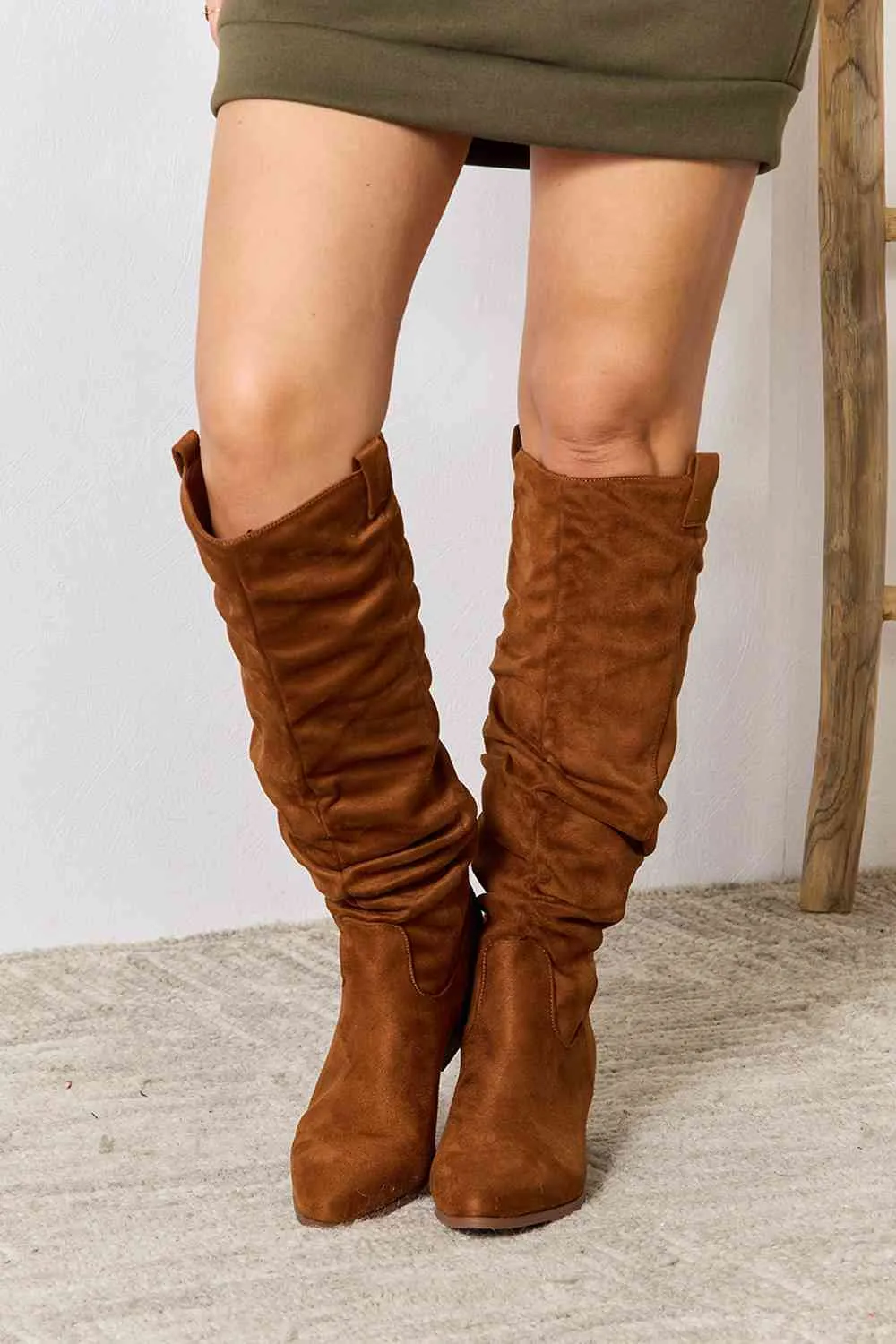 Block Heel Vegan Suede Knee High Boots in Chestnut