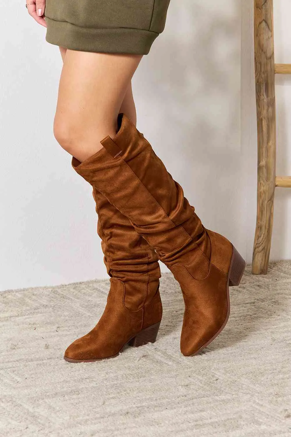 Block Heel Vegan Suede Knee High Boots in Chestnut